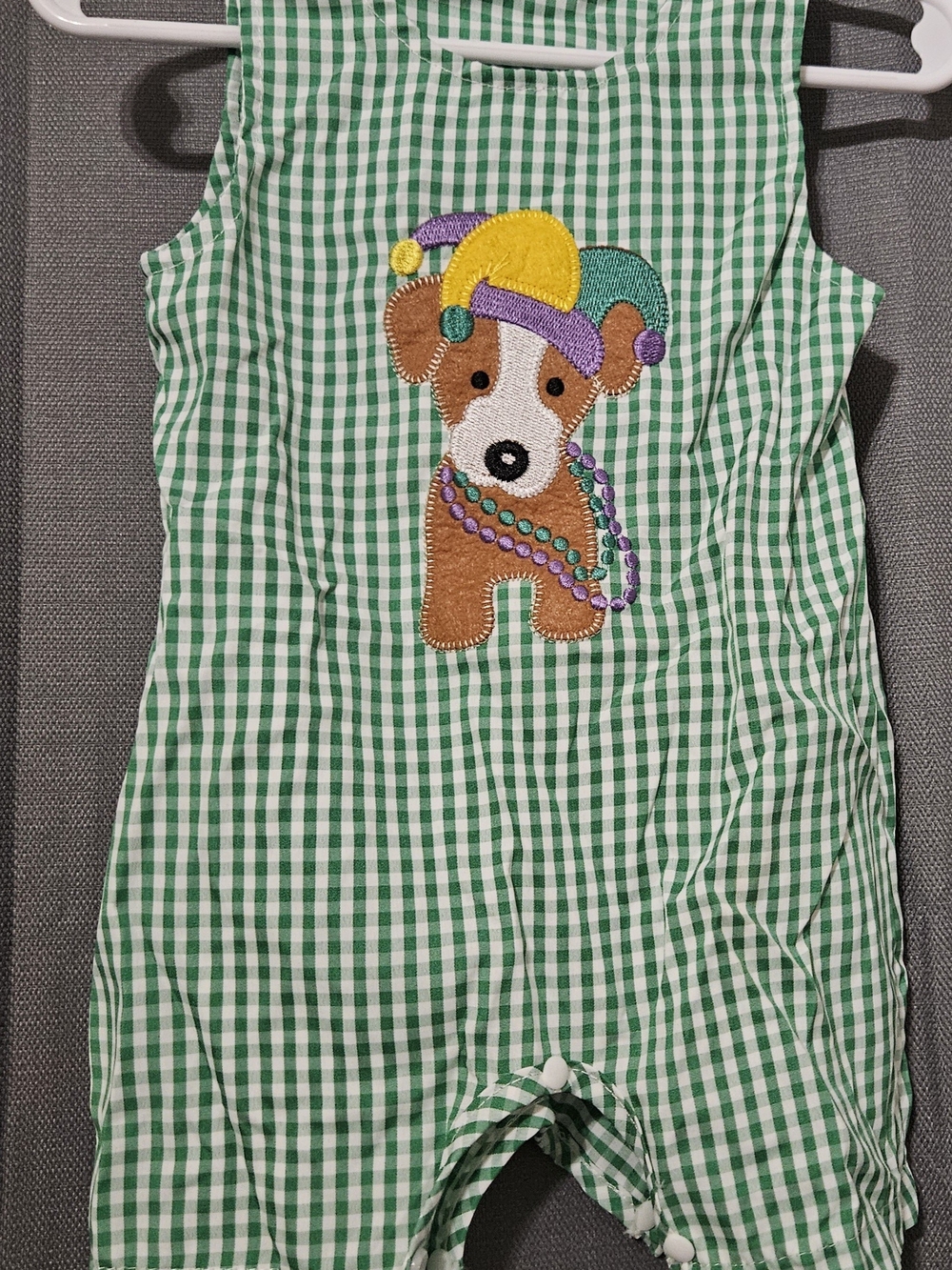 Mardi Gras Green Gingham Puppy Appliqué One-Piece Romper